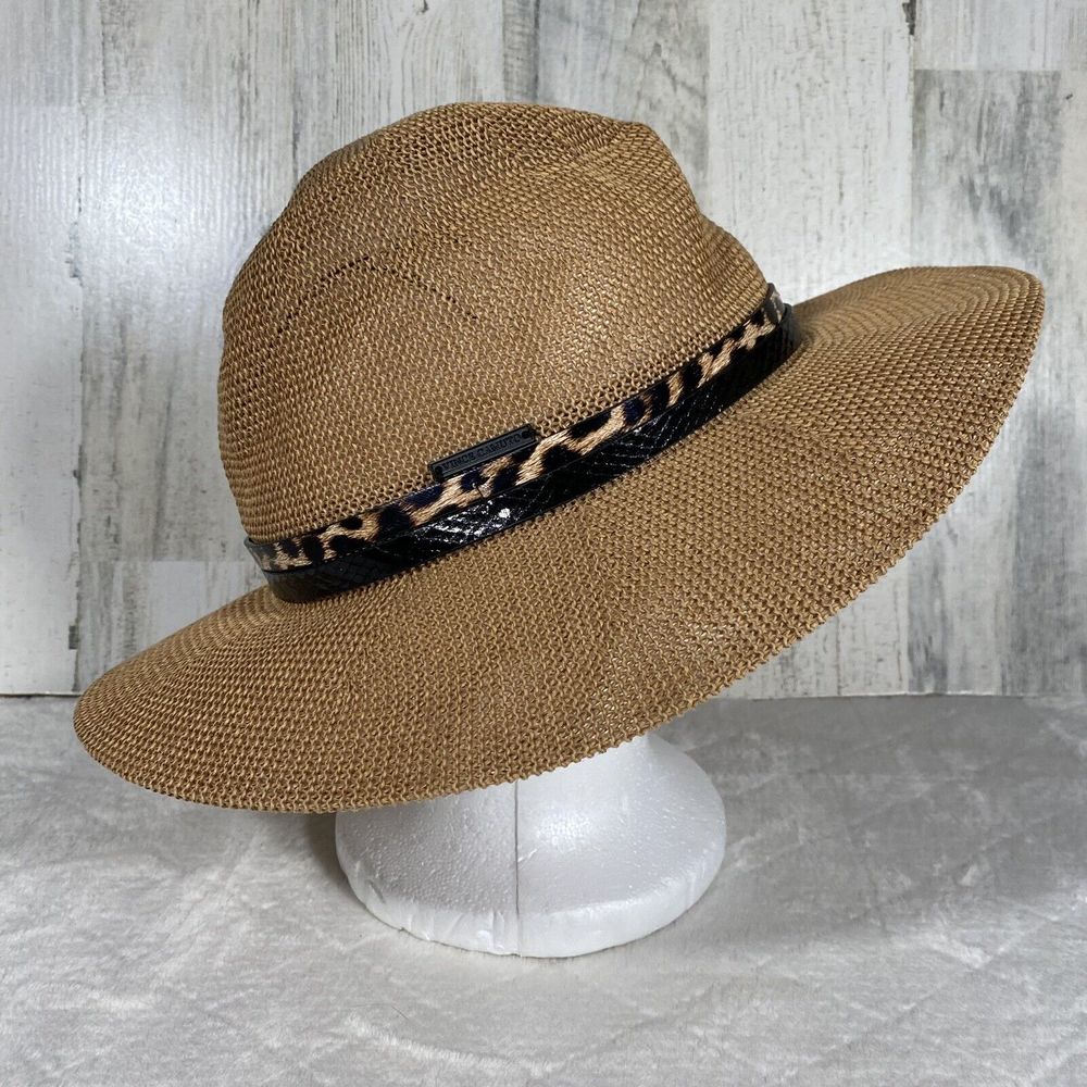 Vince Camuto Sun Hat Straw Floppy Hat Tan Black Cheetah Print Band Adjustable